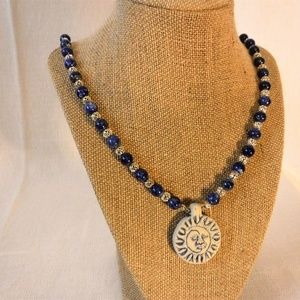 Handmade Necklace, Sun/Moon Pendent w/Blue Beads